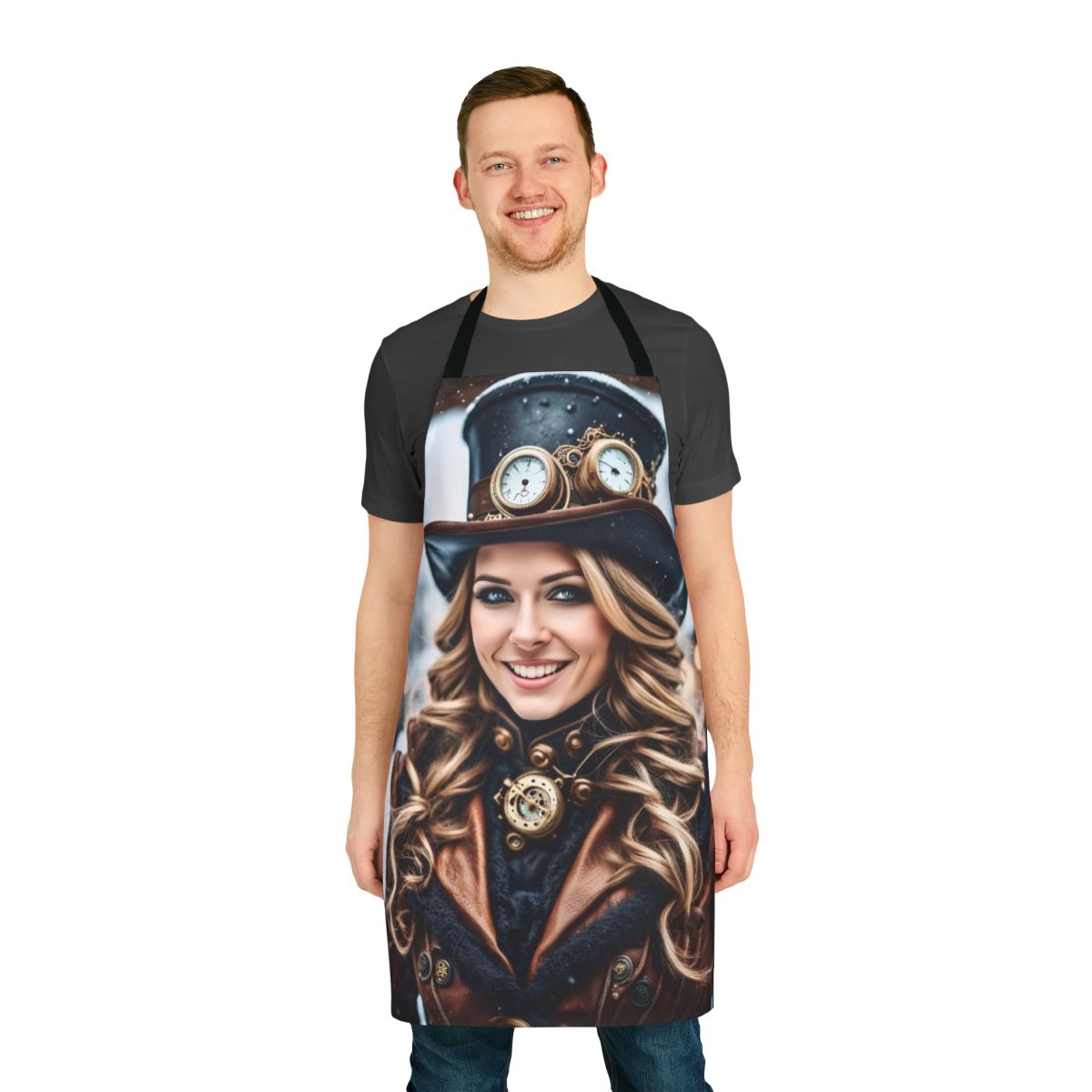 A steampunk-style apron featuring a winter wonderland design with snow, metallic elements, and a festive aesthetic.