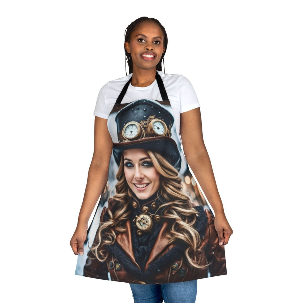A steampunk-style apron featuring a winter wonderland design with snow, metallic elements, and a festive aesthetic.