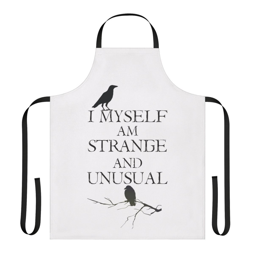 A black and white apron featuring the quote "I Myself Am Strange and Unusual" from the classic Tim Burton film Beetlejuice.