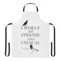 A black and white apron featuring the quote "I Myself Am Strange and Unusual" from the classic Tim Burton film Beetlejuice.