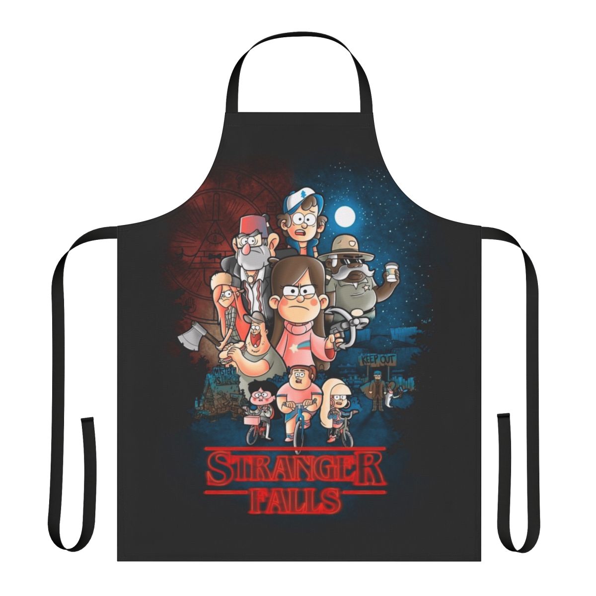 Stranger Things and Gravity Falls inspired apron featuring a unique crossover design