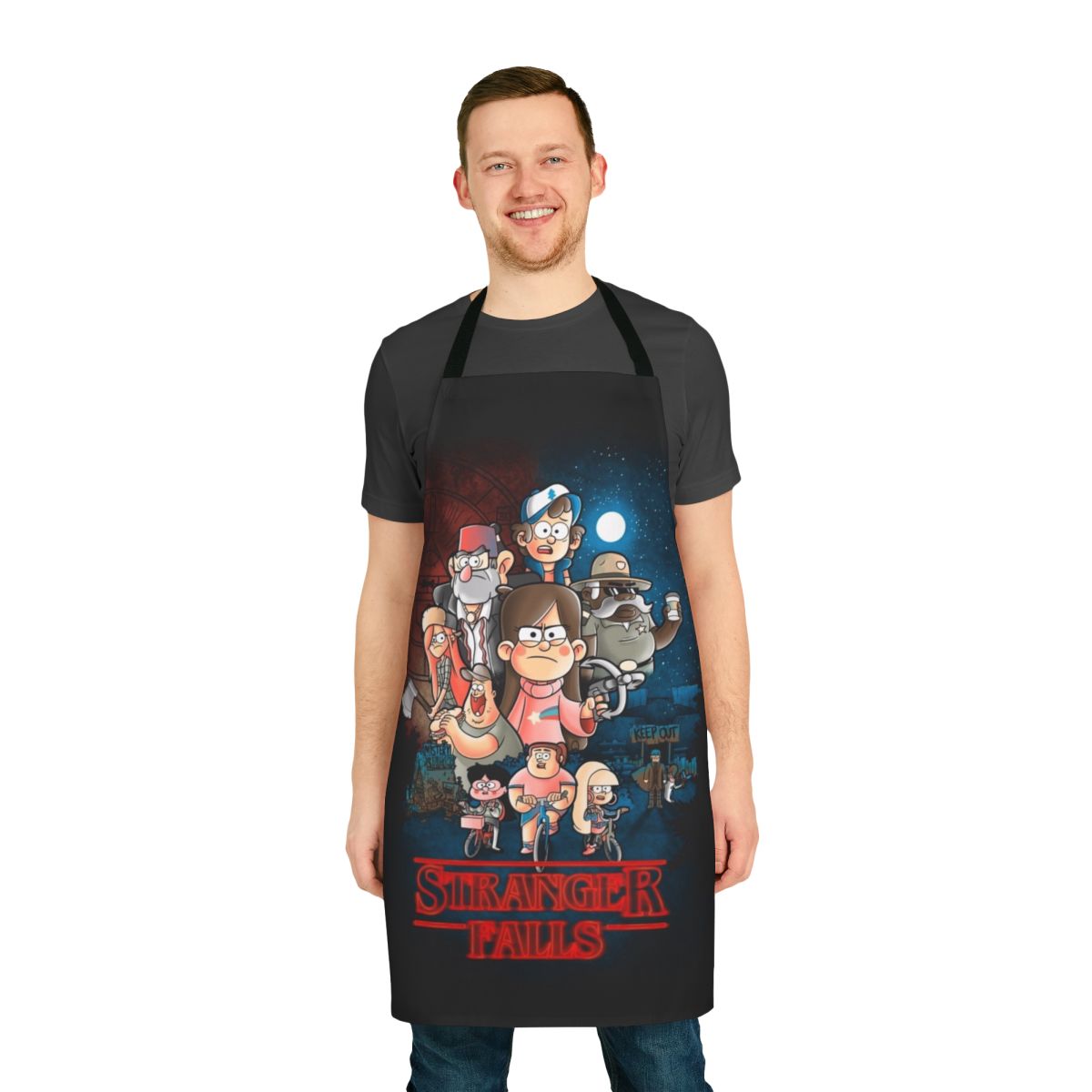 Stranger Things and Gravity Falls inspired apron featuring a unique crossover design