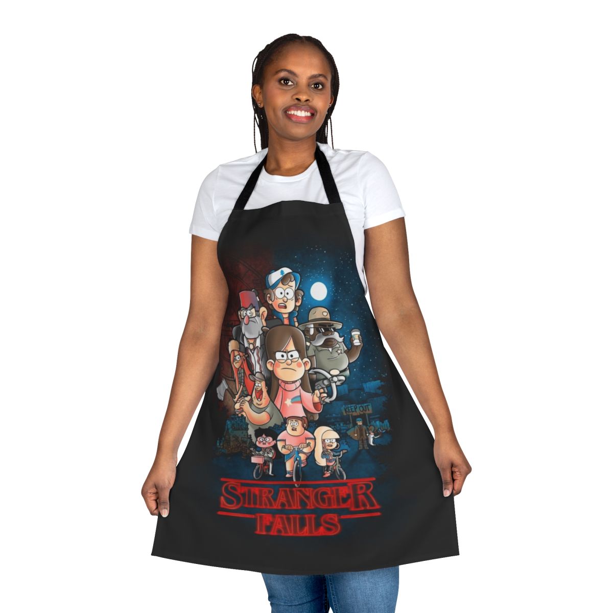 Stranger Things and Gravity Falls inspired apron featuring a unique crossover design