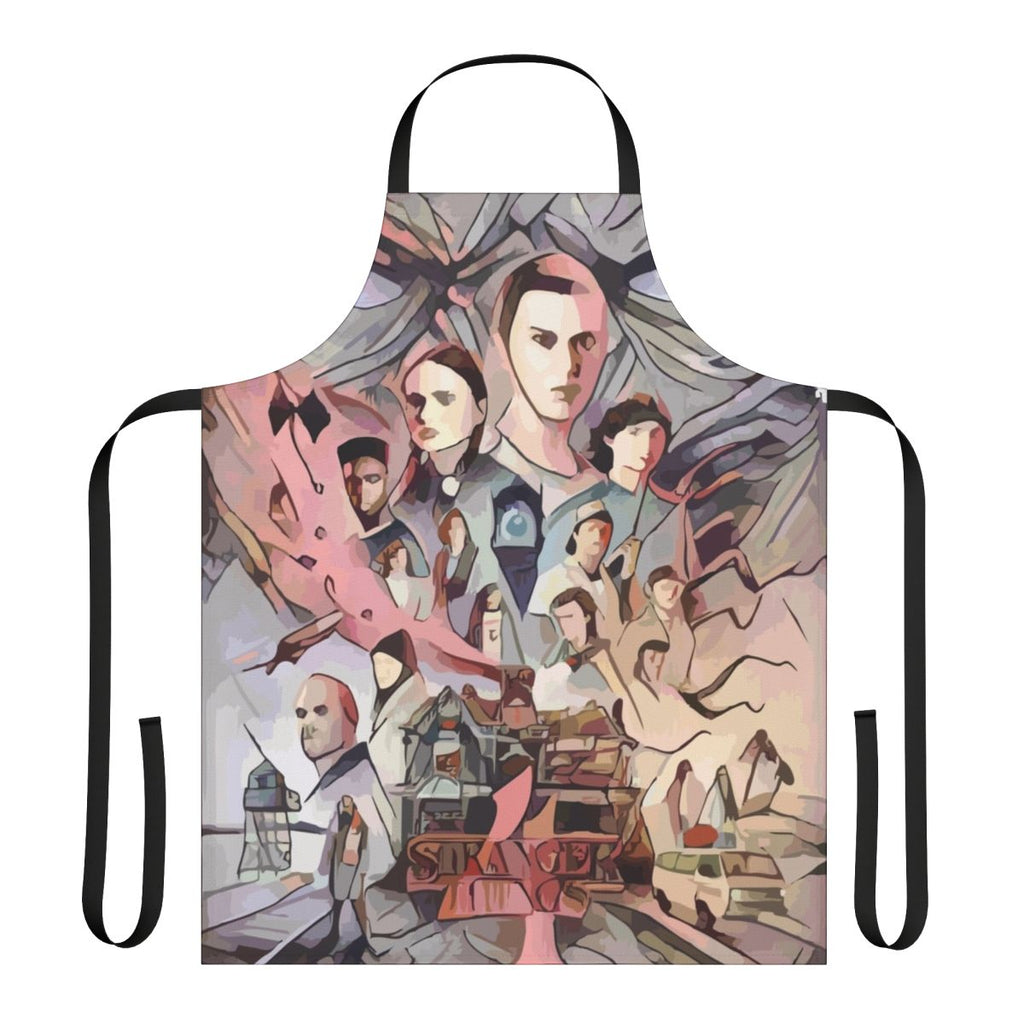 Stranger Things inspired apron with characters and symbols from the popular Netflix series