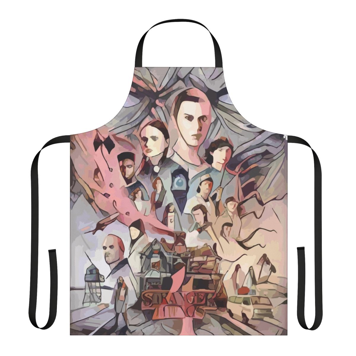 Stranger Things inspired apron with characters and symbols from the popular Netflix series