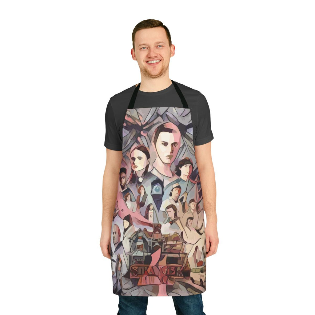 Stranger Things inspired apron with characters and symbols from the popular Netflix series