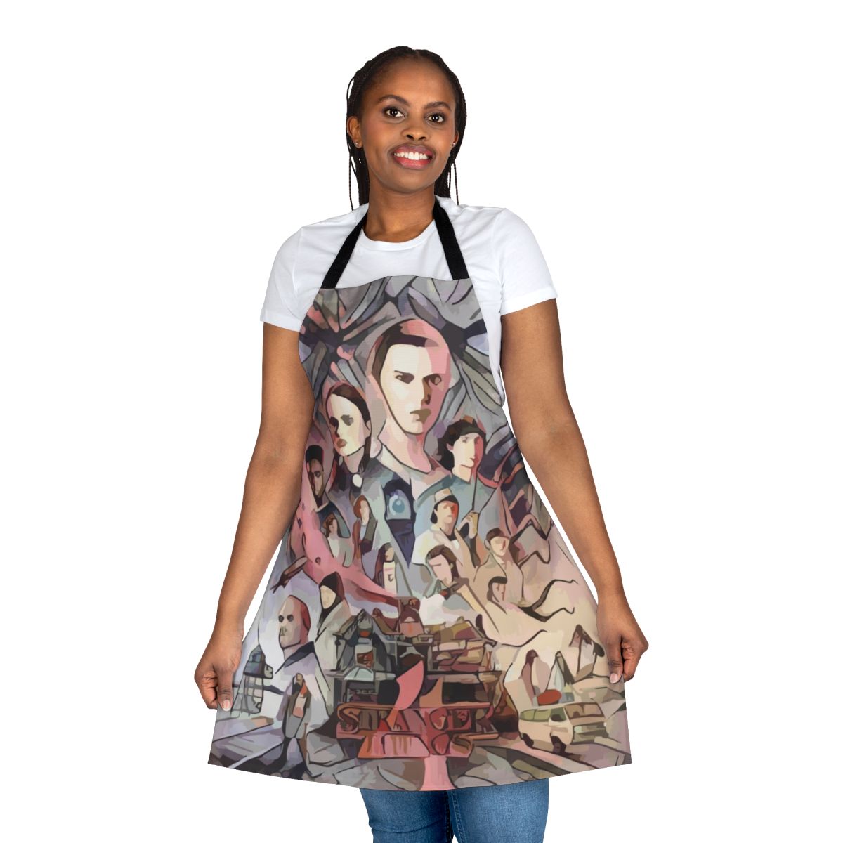 Stranger Things inspired apron with characters and symbols from the popular Netflix series