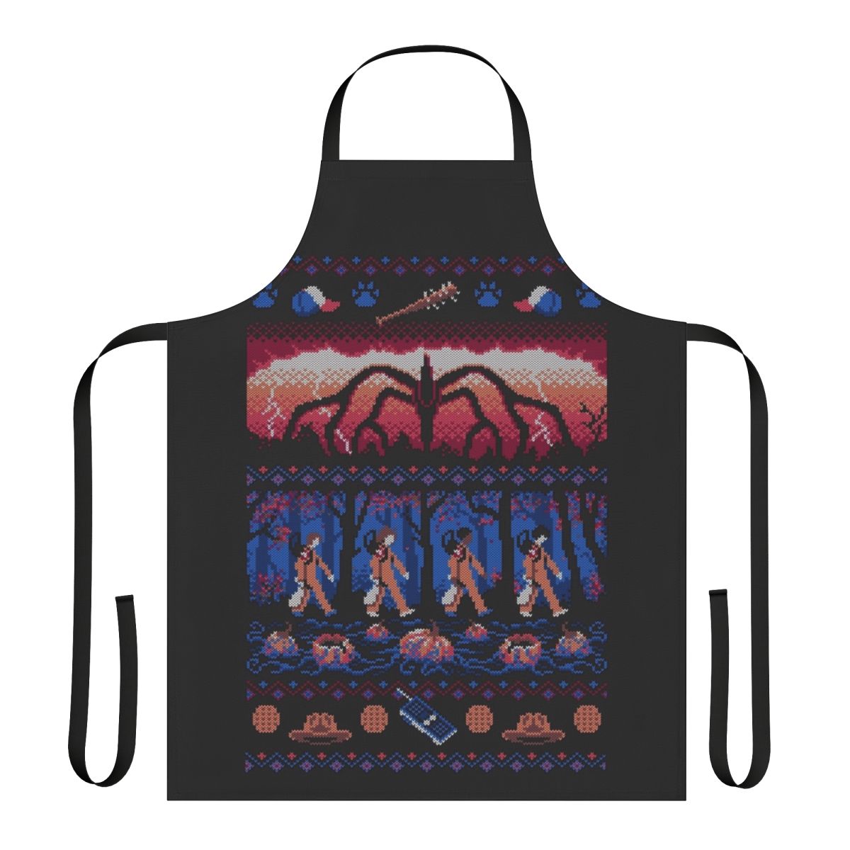 Stranger Things inspired apron with an ugly holiday sweater design