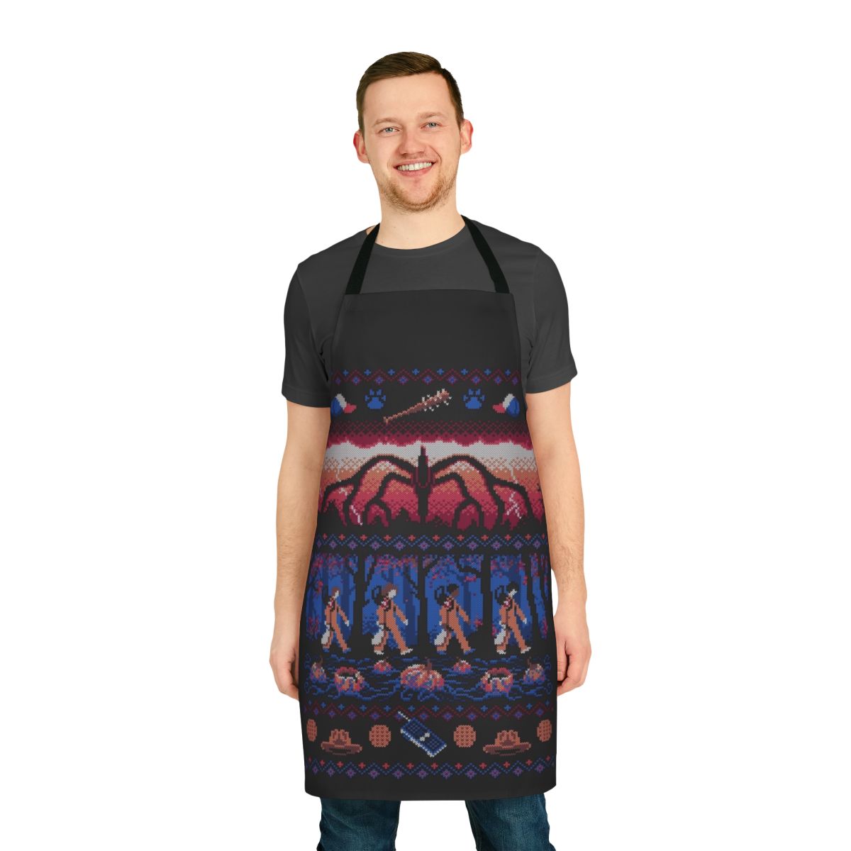 Stranger Things inspired apron with an ugly holiday sweater design