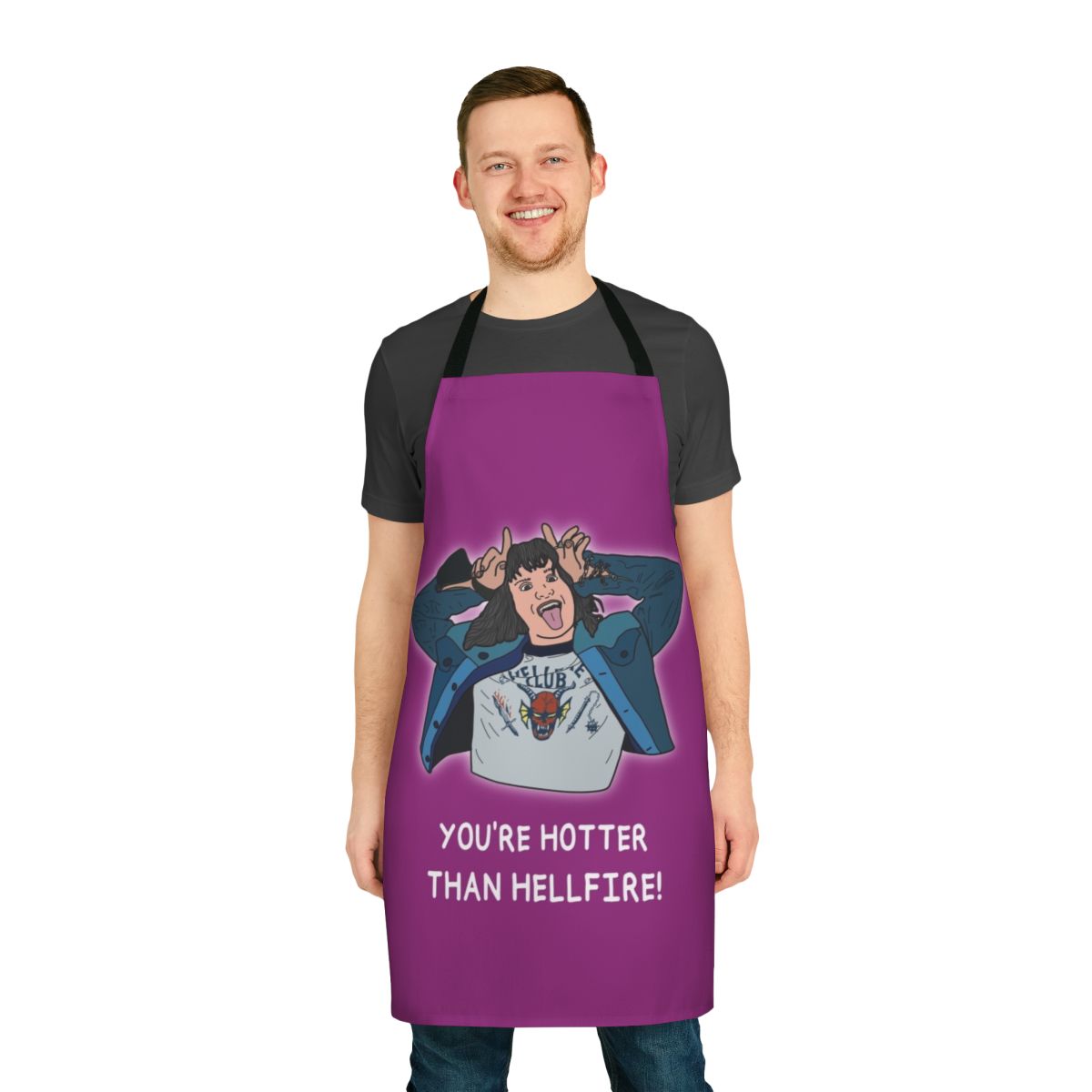 Stranger Things inspired apron with Eddie Munson and Hellfire Club design