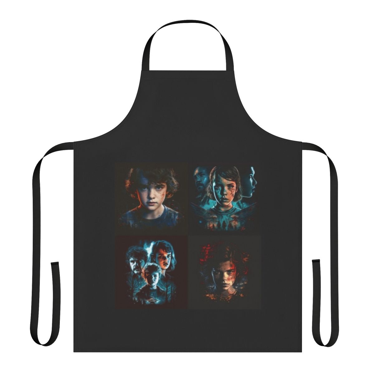 Stranger Things-inspired apron featuring iconic elements from the show, such as Eleven, the Demogorgon, and the Upside Down.