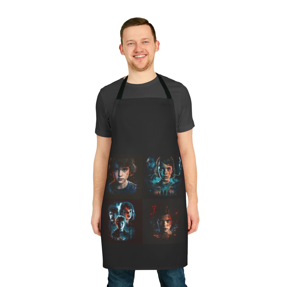 Stranger Things-inspired apron featuring iconic elements from the show, such as Eleven, the Demogorgon, and the Upside Down.