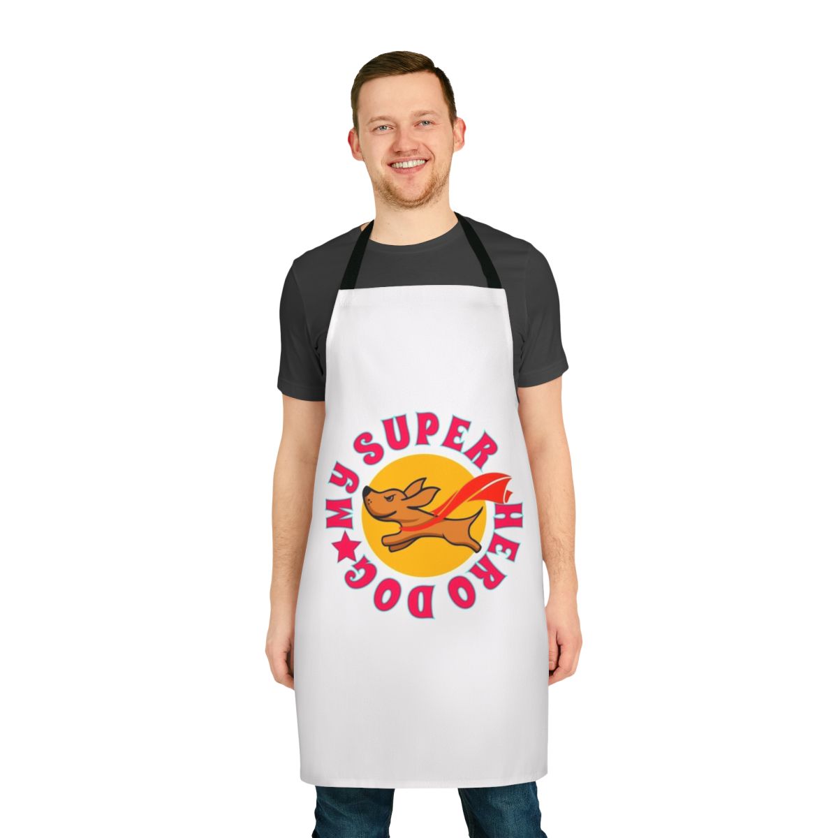 Apron featuring a fun and original superhero dog design