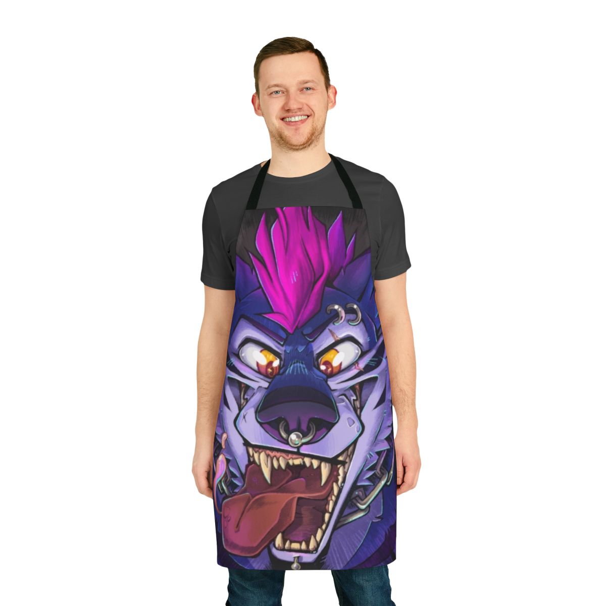 A vibrant apron featuring a detailed wolf maw design with sharp teeth, perfect for passionate fans of punk and furry fashion.