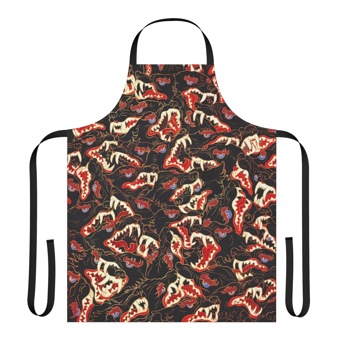 Stylized illustration of a wolf or canine creature on a grey apron