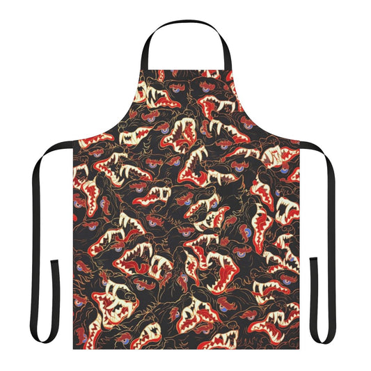 Stylized illustration of a wolf or canine creature on a grey apron