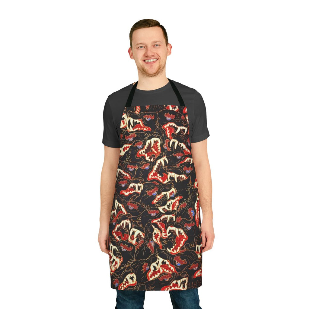 Stylized illustration of a wolf or canine creature on a grey apron