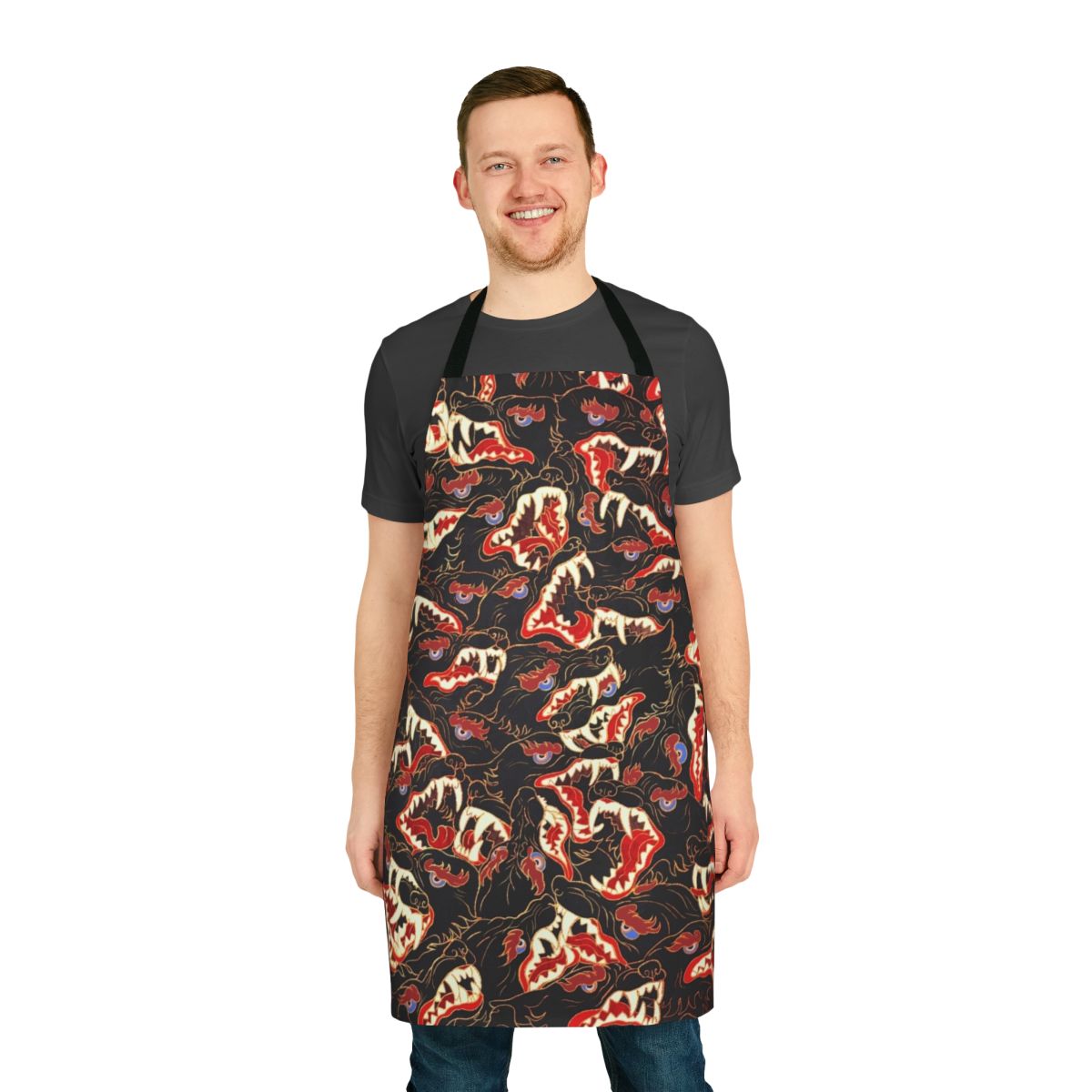 Stylized illustration of a wolf or canine creature on a grey apron