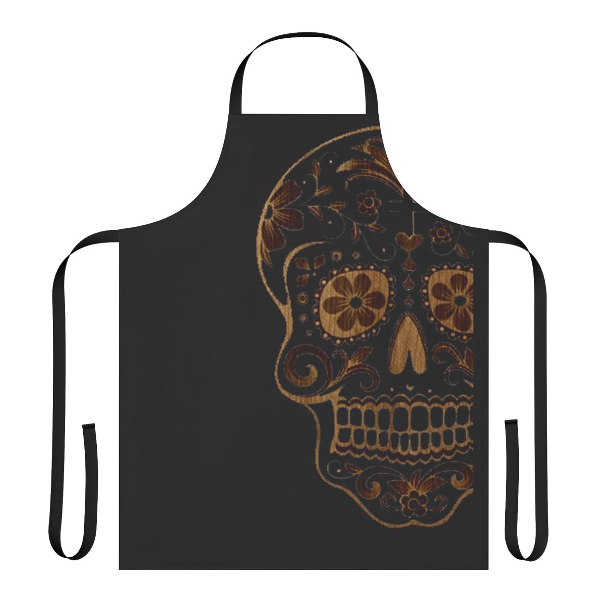 A stylish wood sugar skull apron with a gothic, artistic design.