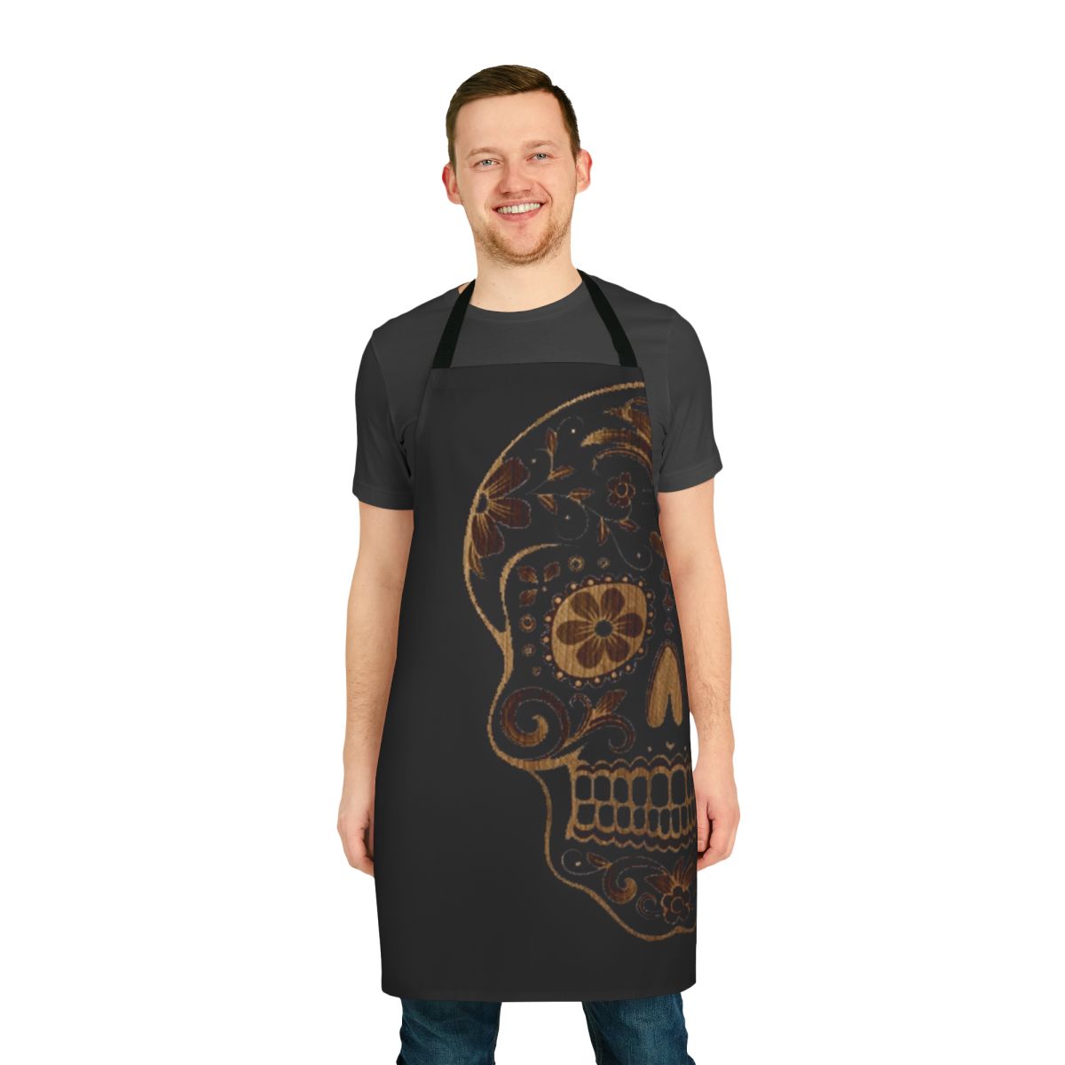 A stylish wood sugar skull apron with a gothic, artistic design.