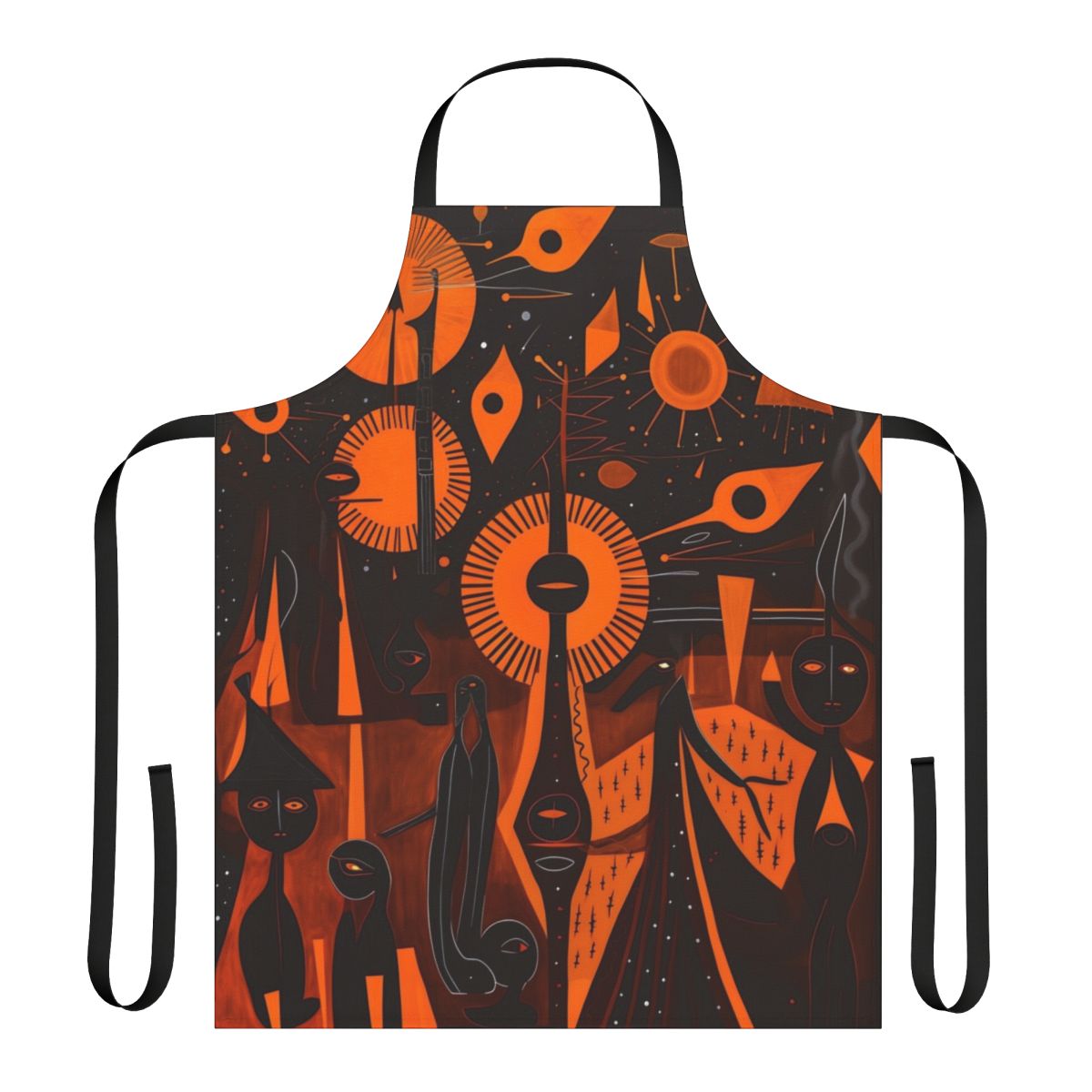 Large black apron with woodcut-style ancient alien design