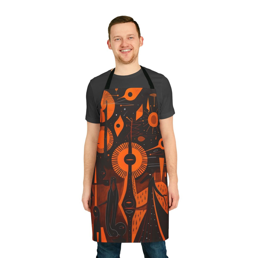 Large black apron with woodcut-style ancient alien design