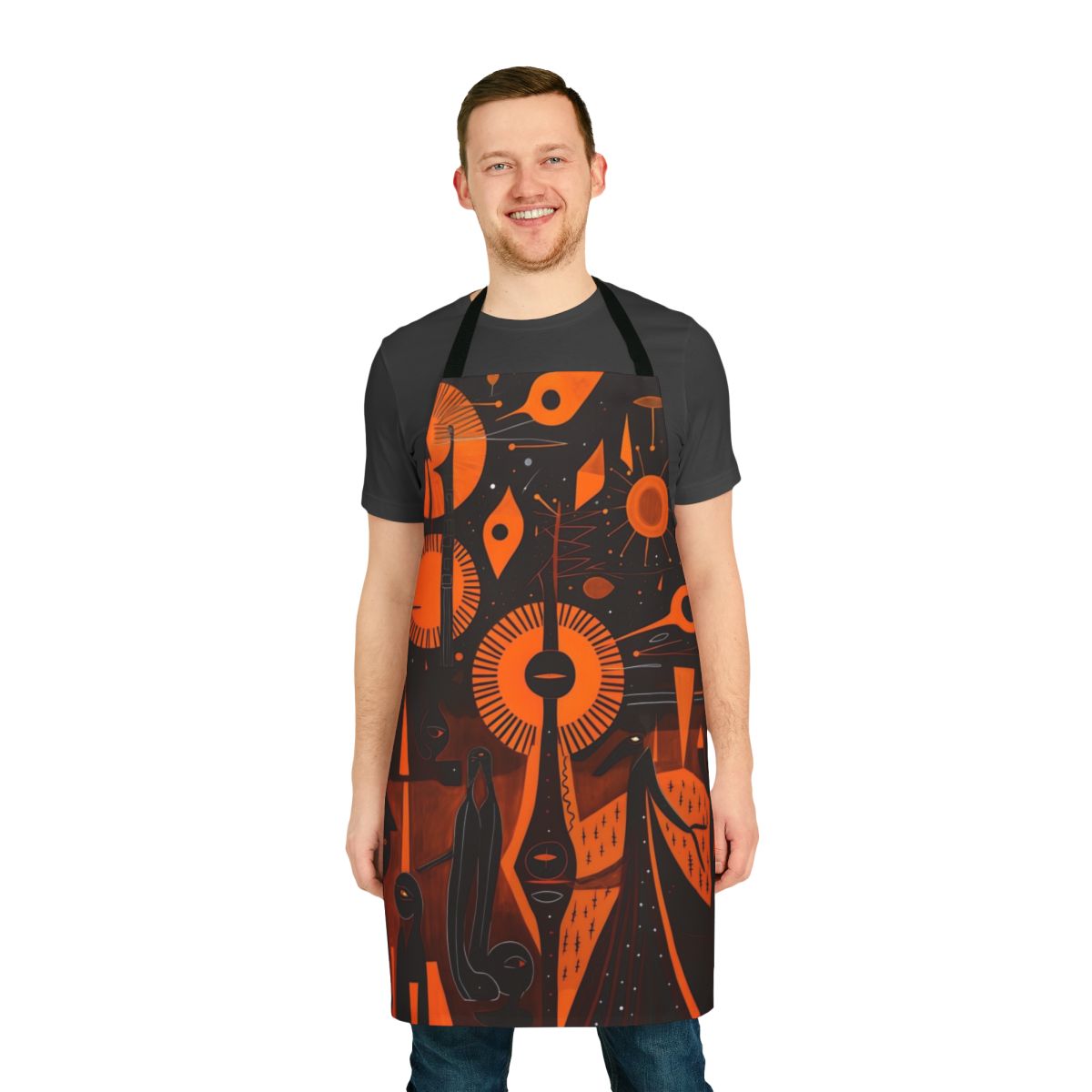 Large black apron with woodcut-style ancient alien design