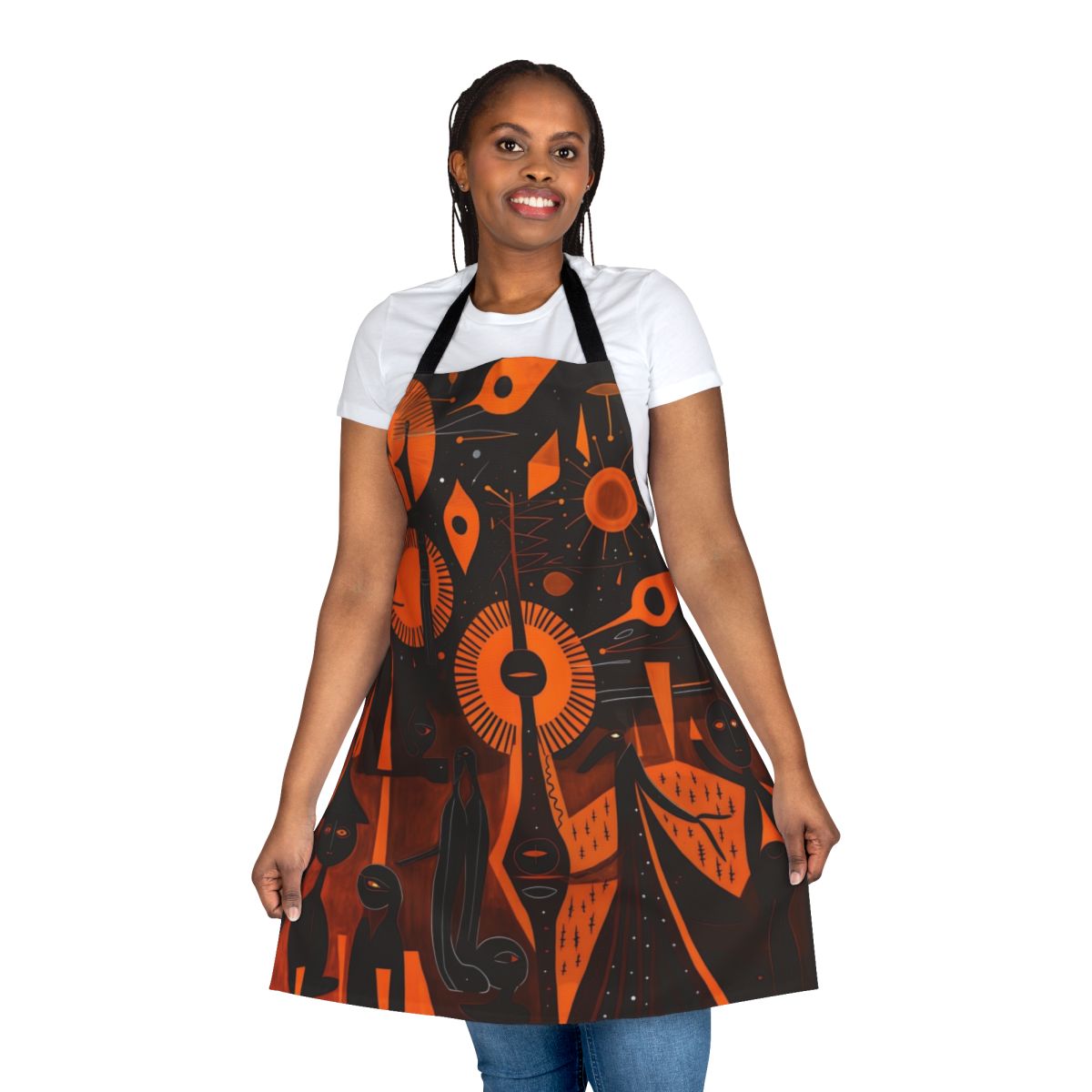 Large black apron with woodcut-style ancient alien design