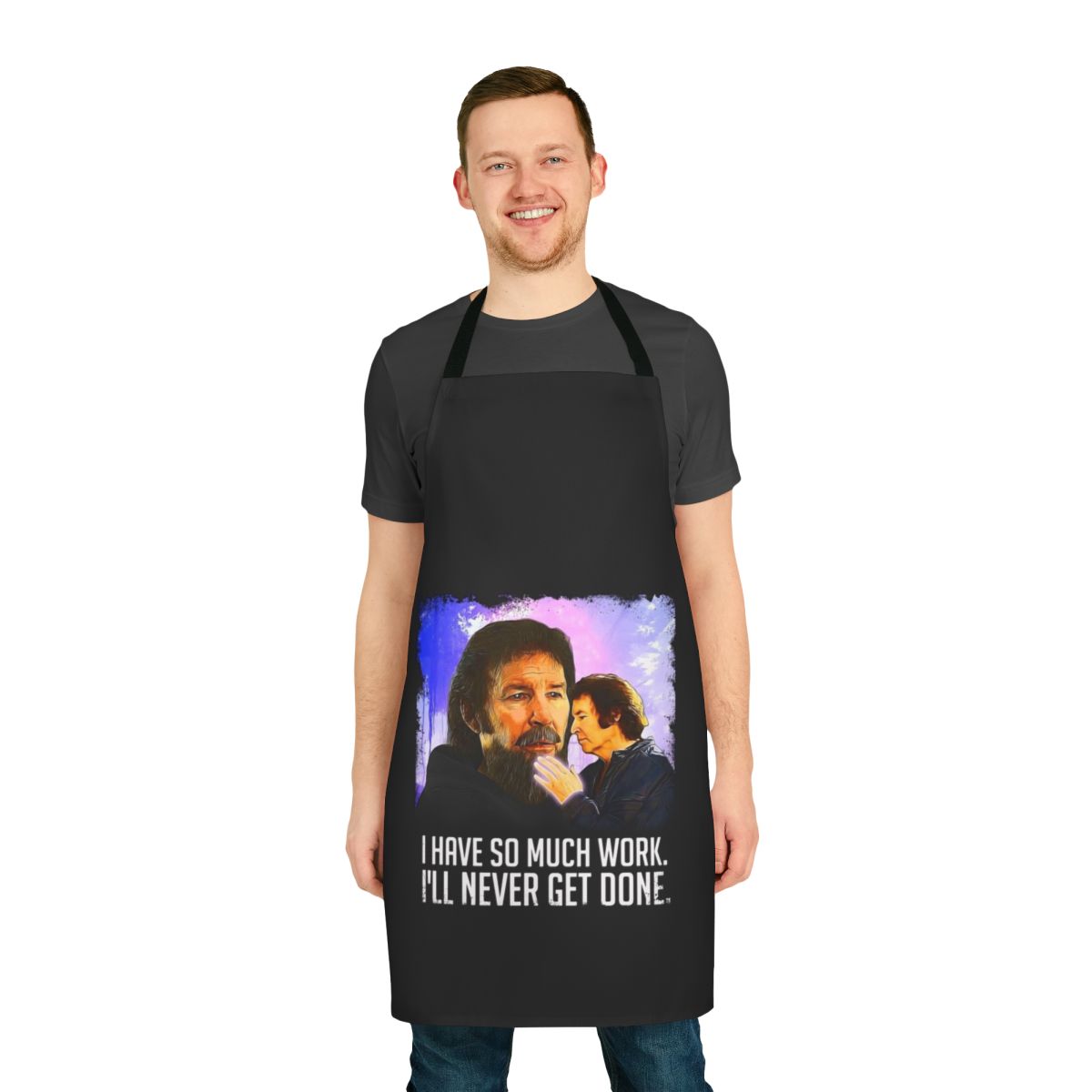 A stylish and durable work apron featuring a design inspired by the indie film Fateful Findings.
