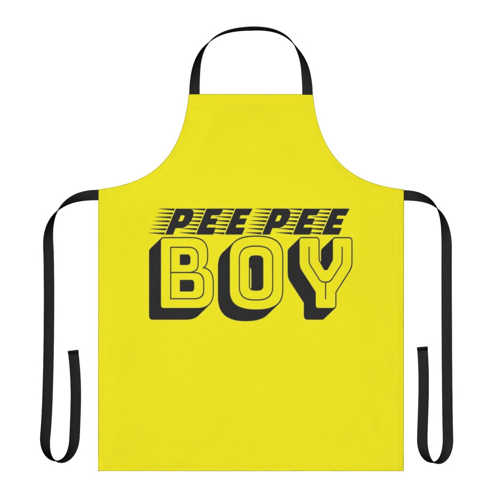 A black and yellow apron with bold, abstract typography that reads "Pee Pee Boy"
