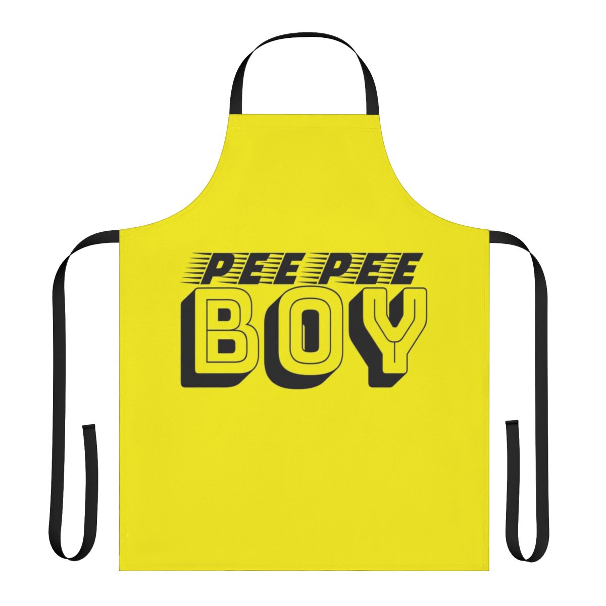 A black and yellow apron with bold, abstract typography that reads "Pee Pee Boy"