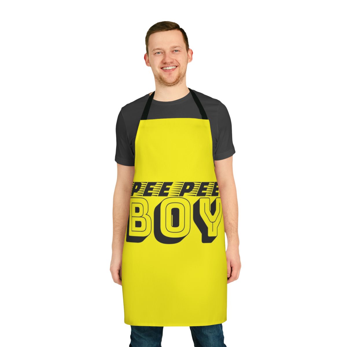A black and yellow apron with bold, abstract typography that reads "Pee Pee Boy"