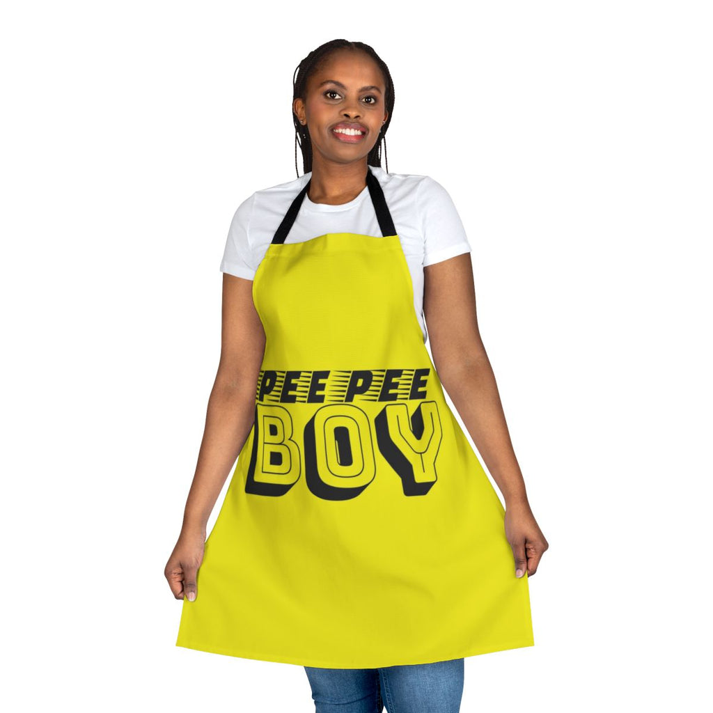 A black and yellow apron with bold, abstract typography that reads "Pee Pee Boy"