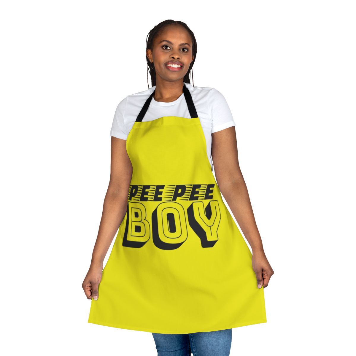 A black and yellow apron with bold, abstract typography that reads "Pee Pee Boy"