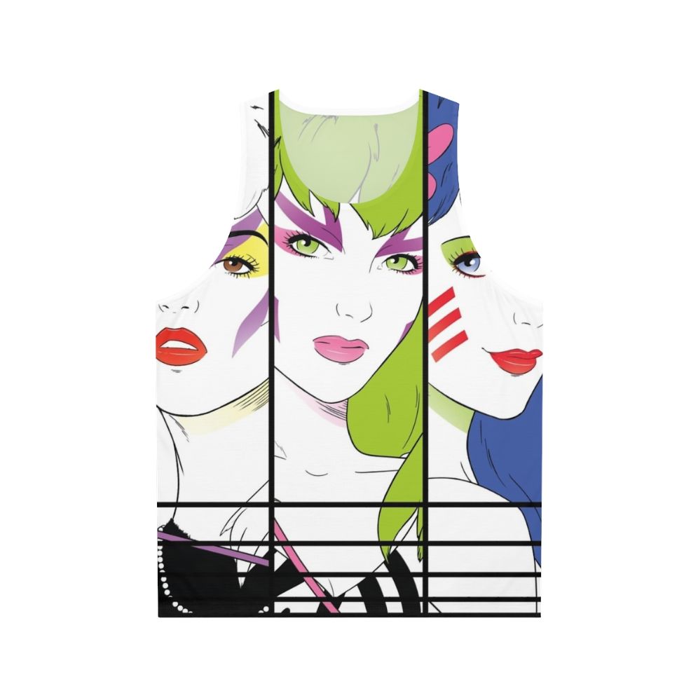 Unisex 80s pop art tank top with "Our Songs Are Better Without Saxophone" design
