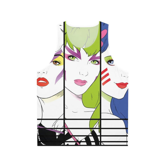 Unisex 80s pop art tank top with "Our Songs Are Better Without Saxophone" design
