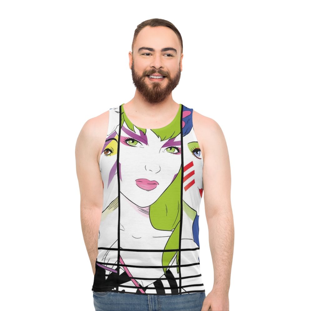 Unisex 80s pop art tank top with "Our Songs Are Better Without Saxophone" design