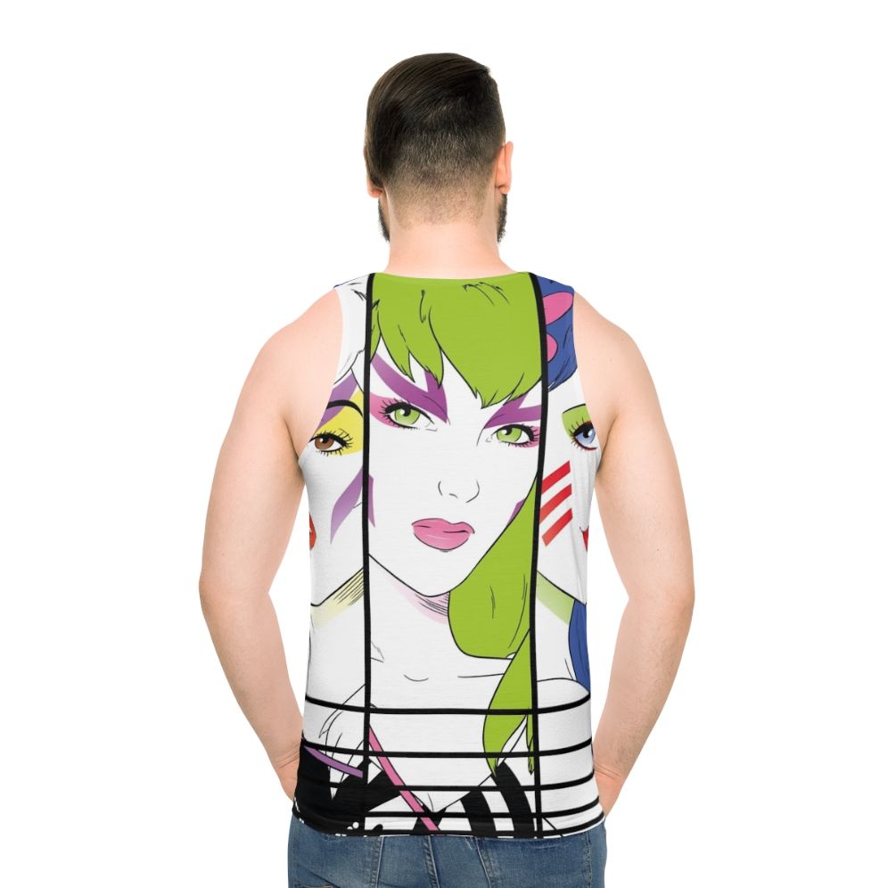 Unisex 80s pop art tank top with "Our Songs Are Better Without Saxophone" design
