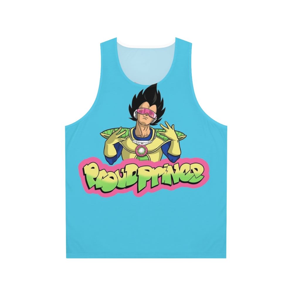 Unisex 90s anime inspired tank top featuring a mashup design of Vegeta from Dragonball Z and the Fresh Prince of Bel-Air