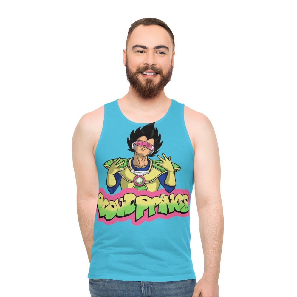 Unisex 90s anime inspired tank top featuring a mashup design of Vegeta from Dragonball Z and the Fresh Prince of Bel-Air