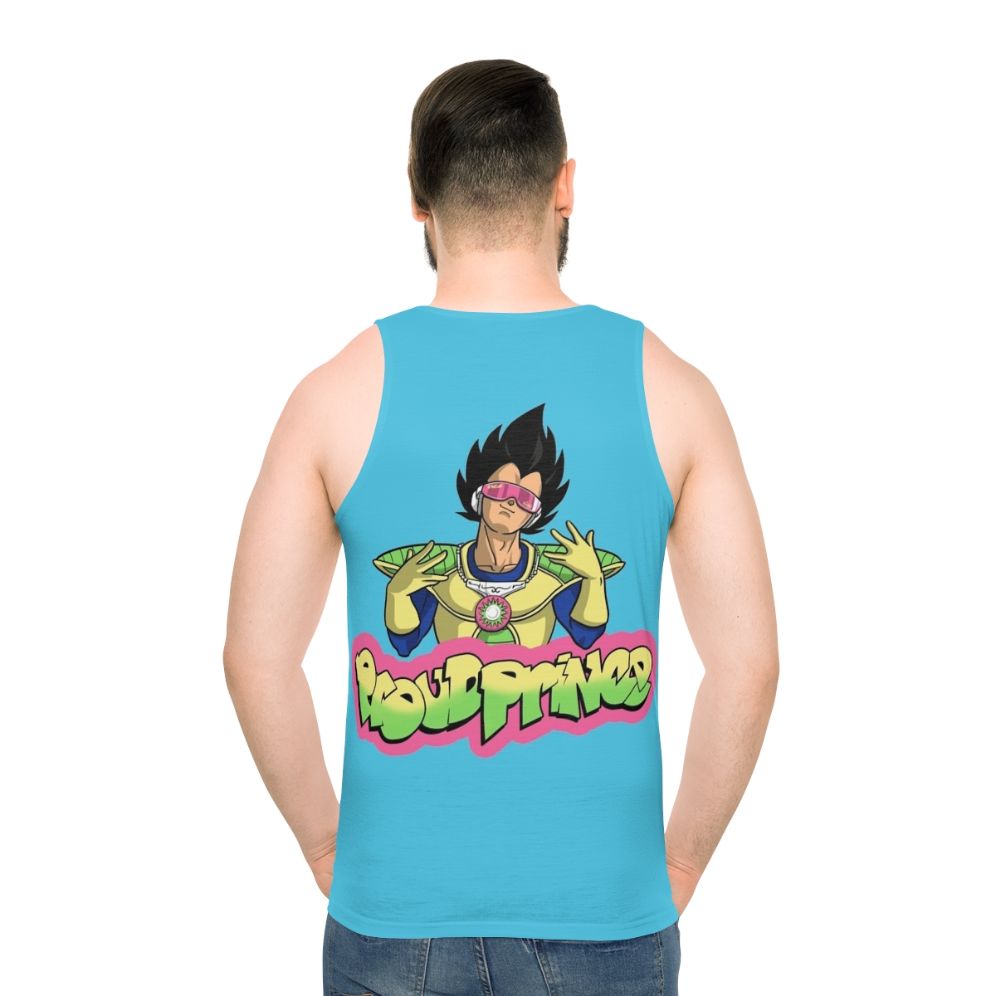 Unisex 90s anime inspired tank top featuring a mashup design of Vegeta from Dragonball Z and the Fresh Prince of Bel-Air