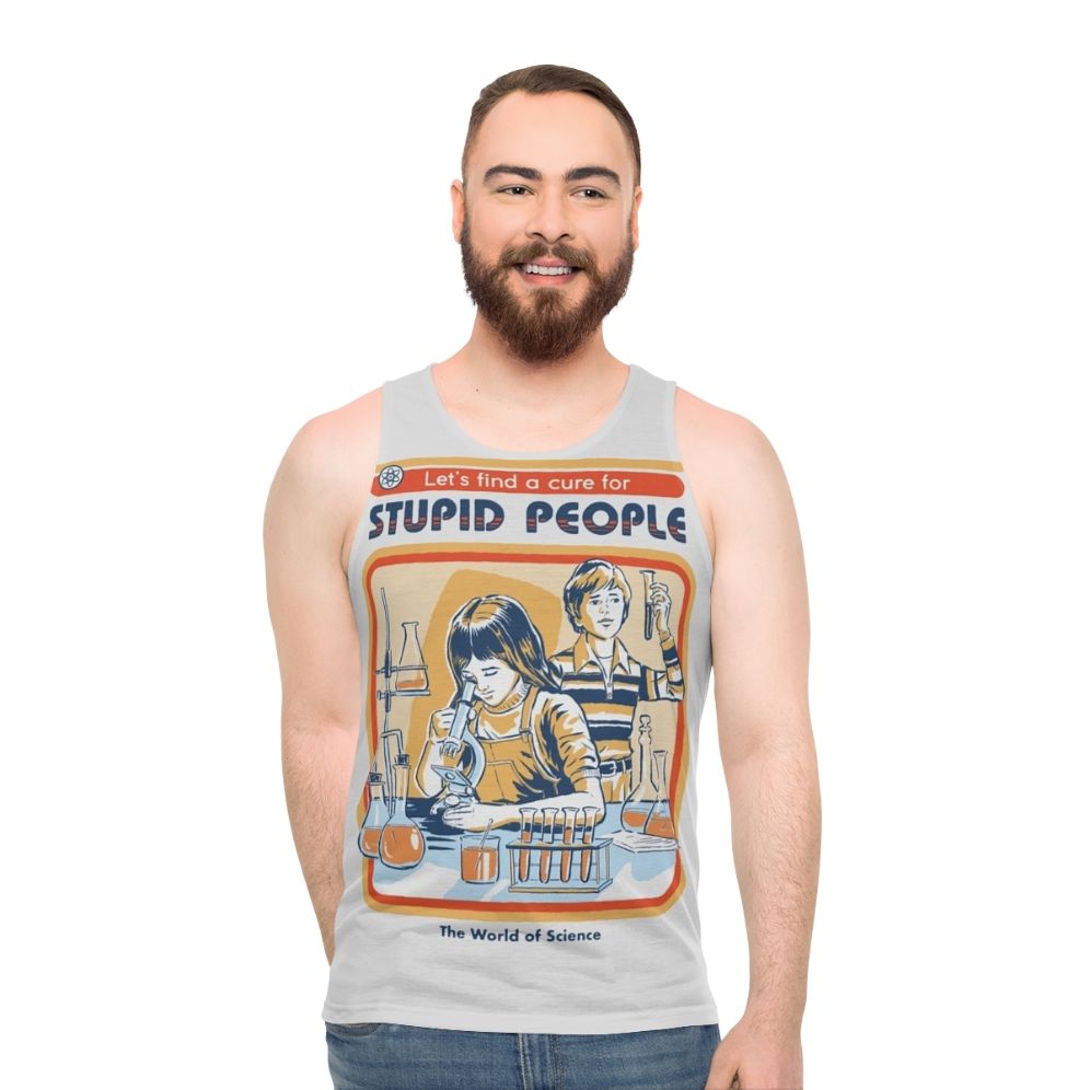 Unisex "A Cure for Stupid People" tank top, featuring a humorous science-inspired design