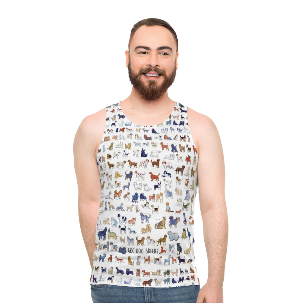 Unisex tank top featuring watercolor illustrations of every AKC dog breed