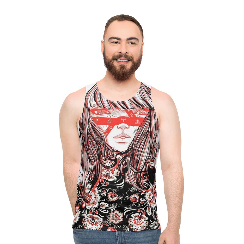 Unisex tank top with alchemy and rune graphics in black and white