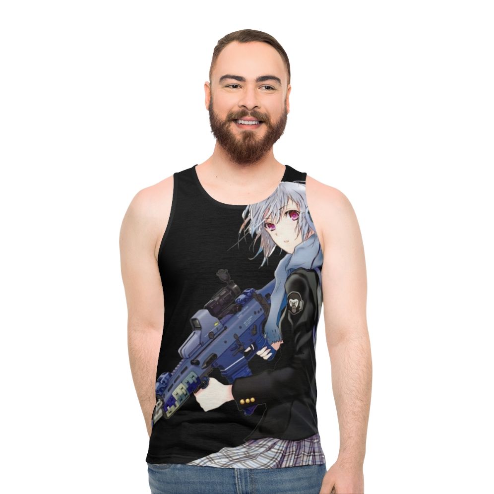 Unisex anime girl with gun graphic on tank top