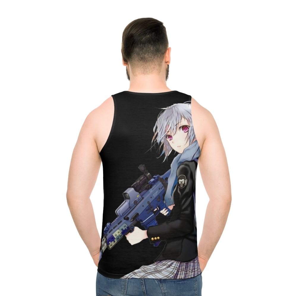 Unisex anime girl with gun graphic on tank top