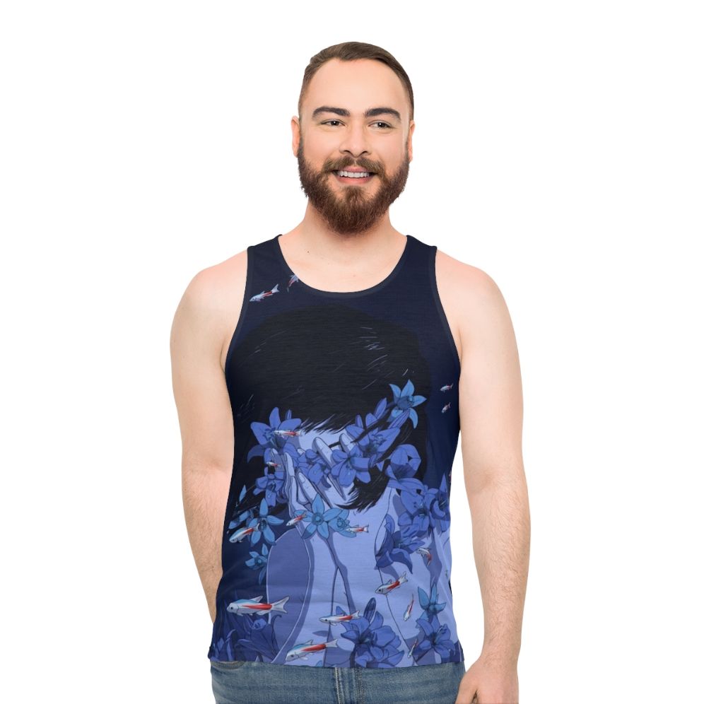 Unisex tank top with anime-inspired water and floral design