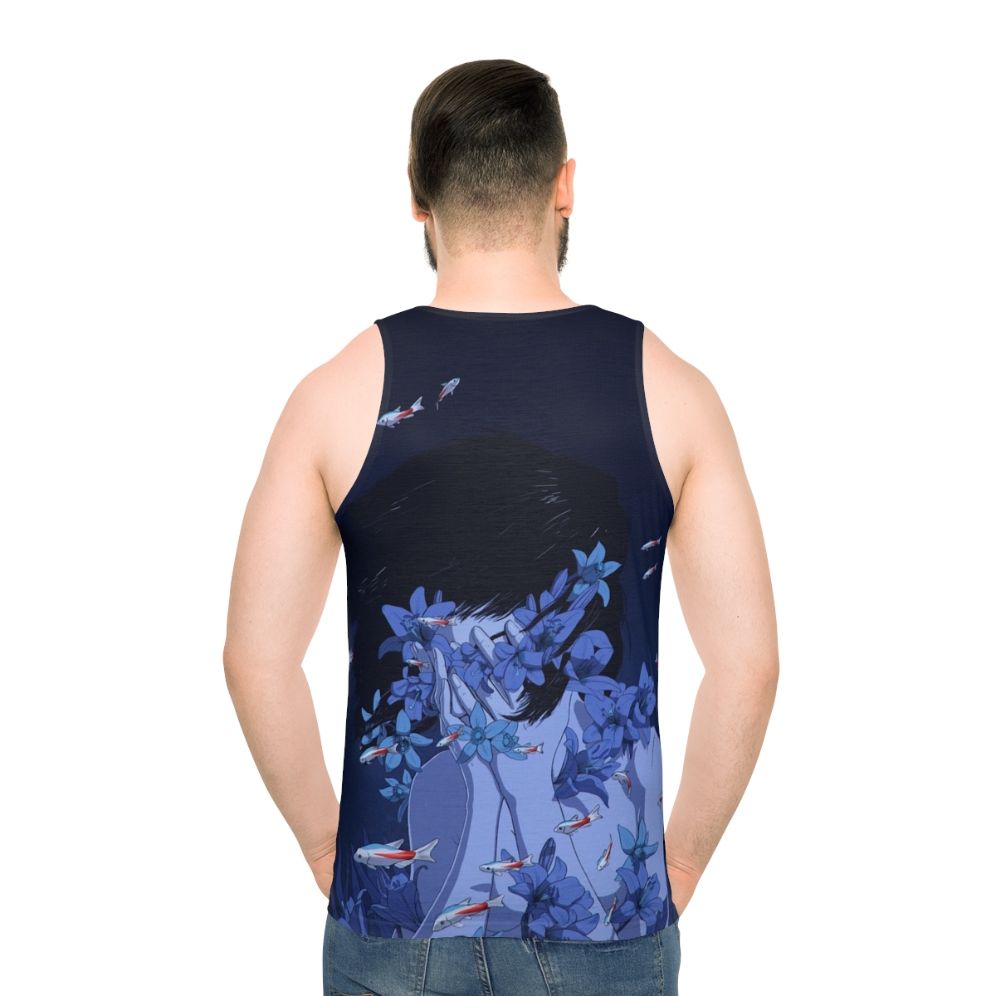 Unisex tank top with anime-inspired water and floral design