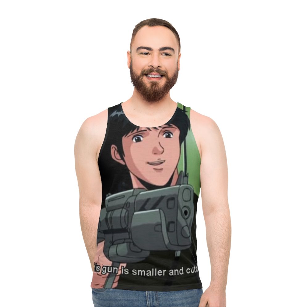 Unisex Anime-Inspired Military Tank Top with Gun Meme