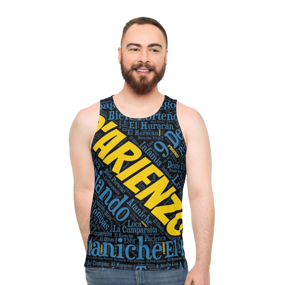 Unisex tank top with Argentine tango D'Arienzo word font art